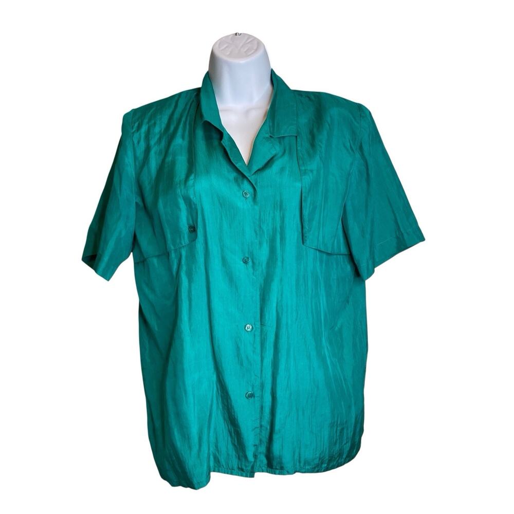 Vintage Queenie Womens Green Silk Short Sleeve‎ Button Up Shirt Size S Secretary